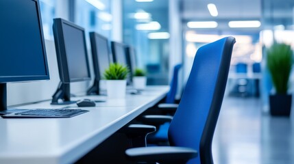 Modern office workspace featuring blue chairs and computers, with plants in the background