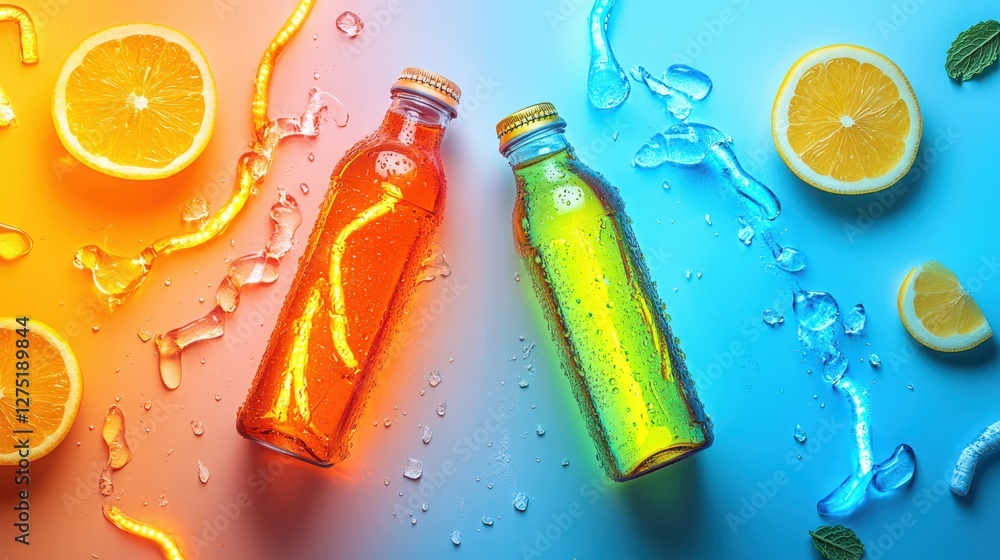 Poster two vibrant bottles of citrus-flavored drinks surrounded by fresh lemon slices and ice, creating a r