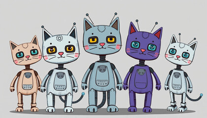 Fototapeta premium A fun, hand-drawn style image of five robot cats standing side by side