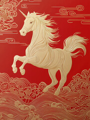 A golden horse running against a red background