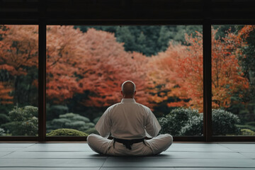 A man in a white karate uniform sits cross legged on a mat in front of a window