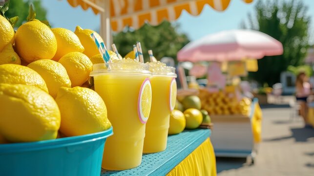 Fresh Lemonade Stand With Iced Drinks Under Canopy