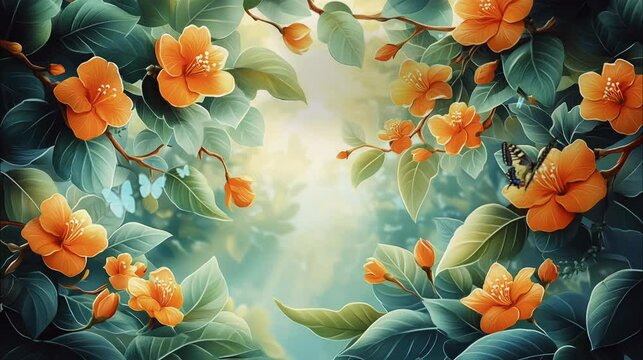 Enchanting digital painting of orange blossoms and butterflies in a lush, vibrant garden.  seamless looping 4k time-lapse virtual video animation background