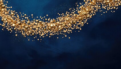 Golden spheres swirl on dark navy background