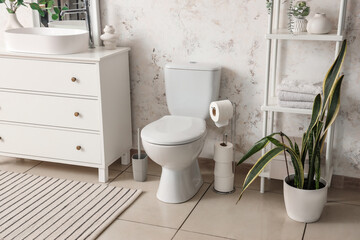 Modern toilet bowl, chest of drawers with sink, mirror and shelving unit in restroom