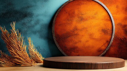 A warm-toned backdrop highlights a circular frame, complemented by rustic elements, creating a serene and artistic atmosphere.