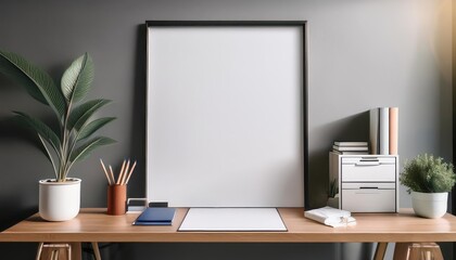 Minimalist Office Sanctuary Serene Mockup Frame Amidst a Clean and ClutterFree Workspace, Radiating Calm and Focus in a Monochrome Palette.