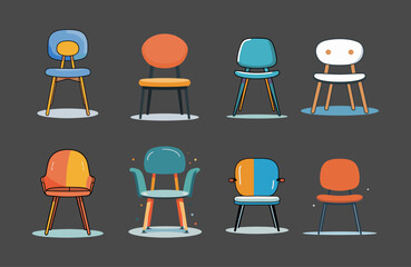 Icons sets collection of colorful cartoon style chairs with various designs and shapes on a dark background, showcasing a playful and artistic furniture theme