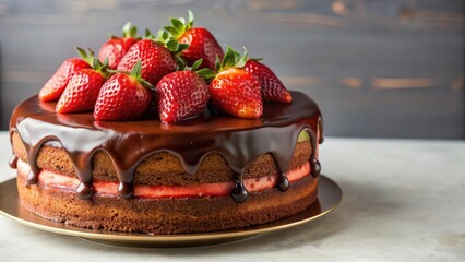 Delicious Chocolate Cake Topped with Fresh Strawberries and a Rich Ganache Glaze
