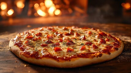 A freshly baked pizza on a wooden table