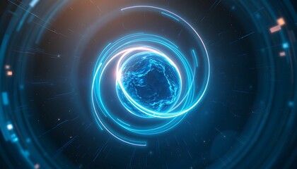 Abstract Planet with Glowing Rings in Dark Space Scene