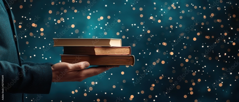 Poster education imagination and creativity from reading books. a hand holds a stack of books against a shi