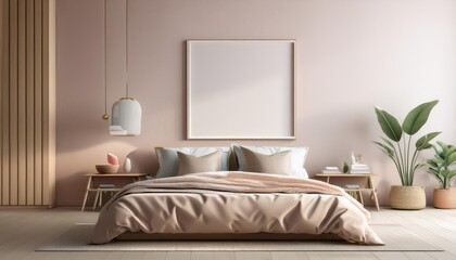 Tranquil Pastel Haven Stylish 3D Mockup Showcasing Light Airy Bedroom Interior Design Ideas, Inspiring a Cozy yet Modern Ambience.