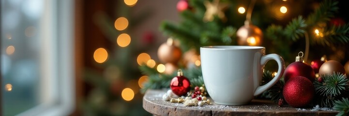 White coffee mug on a mantle with christmas tree and ornaments, festive decor, holiday ambiance, cold weather