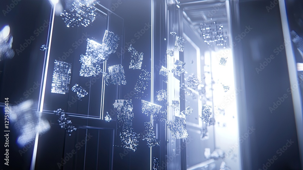 Poster futuristic abstract scene with floating cubes and glowing lights
