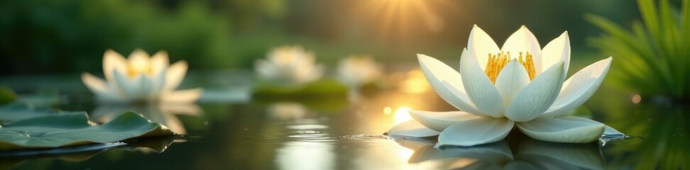Fototapeta premium White lilies unfolding petals in soft morning light, landscape, pond