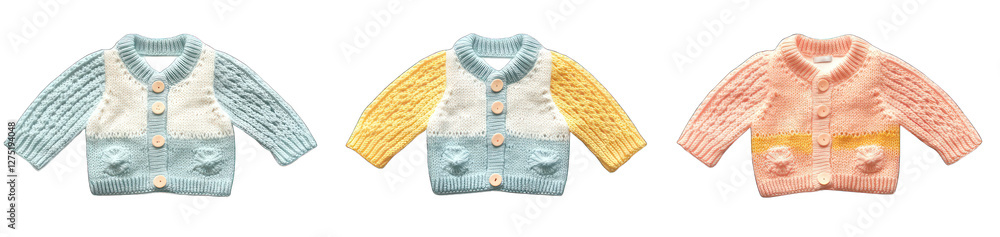 Poster set of crocheted baby cardigan sweaters with front buttons color blocks pastel combos overhead side 