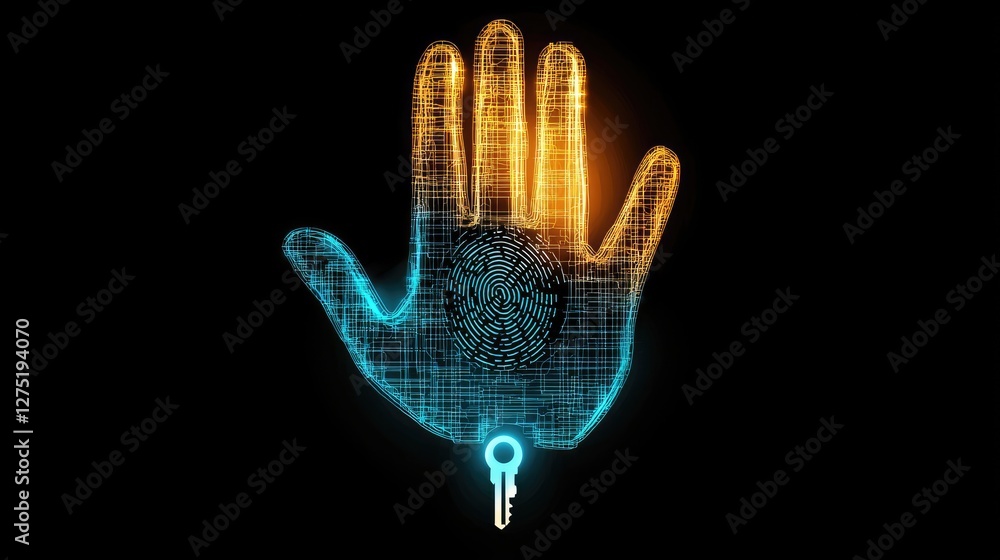 Poster digital handprint with key symbolizing security and access control
