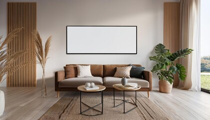 Contemporary Scandinavian Living Room Interior 3D Rendered Mockup Frame in a Minimalist, Warmtoned Haven with Textured Wood Elements and Pops of Greenery, Evolving the Art of Home Design.