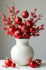 White vase filled with red and gold ornaments, ornaments, gold, holiday