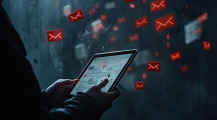 Hacker tablet with spam emails