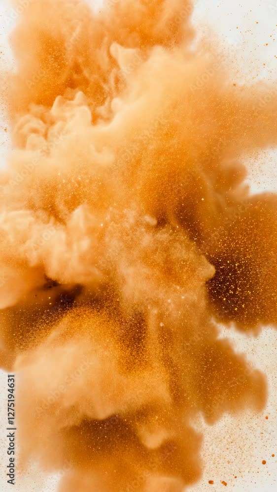 Poster golden beige powder explosion against white background isolated abstract cloud burst for creative de