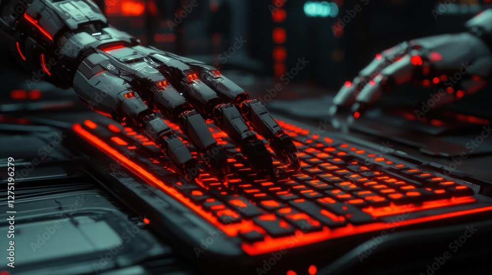 Aufkleber robotic hands typing on illuminated keyboard in futuristic server room