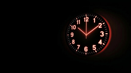 Wall clock with red glow in dark background.
