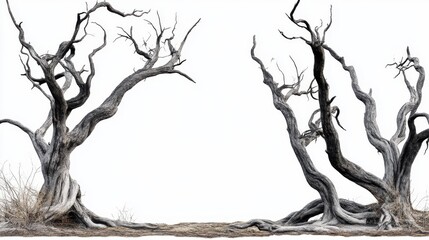 Twisted Trees in a Abandoned Landscape with Bare Branches and Roots