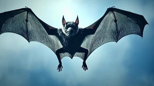 Flying bat gliding through the sky during twilight hours with stretched wings