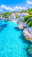 Obraz premium Coastal village, turquoise water, summer vacation, idyllic scene