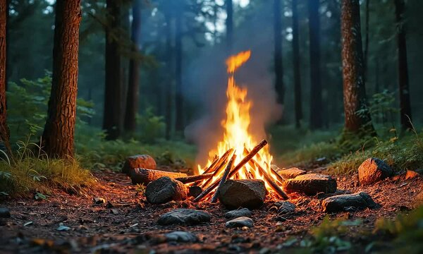 Campfire in Dark Forest at Night
