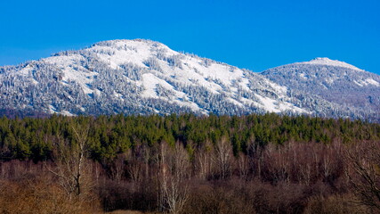 Panorama. Autumn mountain ranges in the Southern Urals in the Republic of Bashkortostan. Russia.