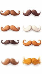 Collection of diverse mustaches; isolated on white background, ideal for graphic design