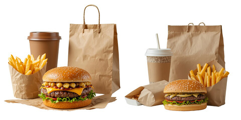 Fast food takeaway meal with burger, fries and drink in eco-friendly packaging on white background

