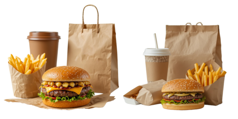 Fast food takeaway meal with burger, fries and drink in eco-friendly packaging on white background

