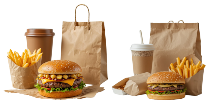 Fast food takeaway meal with burger, fries and drink in eco-friendly packaging on white background

