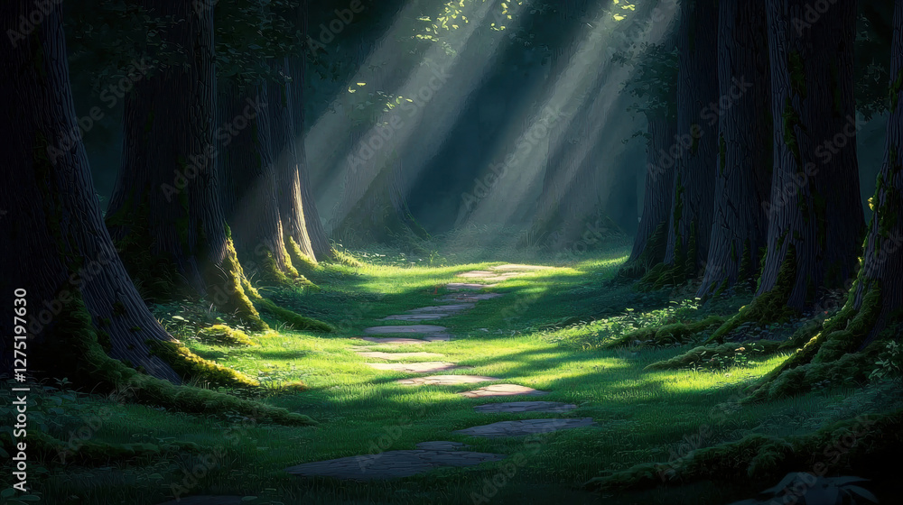 Poster a serene forest scene with sunlight streaming through trees, illuminating a lush green path, creatin