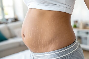 A detailed close-up of natural stretch marks on the skin of a woman’s stomach, showing fine lines and skin elasticity changes.