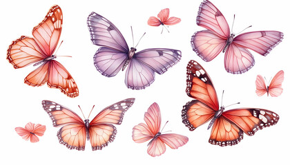 Colorful butterflies flying, white background, nature illustration, design element