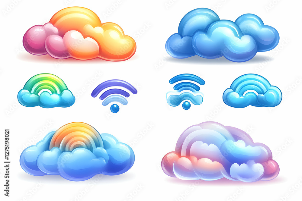 Poster colorful cloud icons; wifi symbols; digital data storage; web design