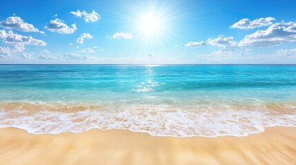 Fototapeta premium Serene Beach Landscape Under Bright Sunlight and Clear Blue Sky