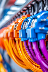 Colorful fiber optic cables in server rack. Data center background. Technology image
