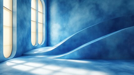 Modern Interior Design, Blue Room,  Stylish, Empty, Architectural, Light,  High-Tech, Showcase, 3D Rendering