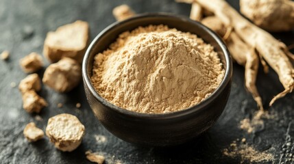 Organic herbal powder with roots and chunks in rustic bowl setting