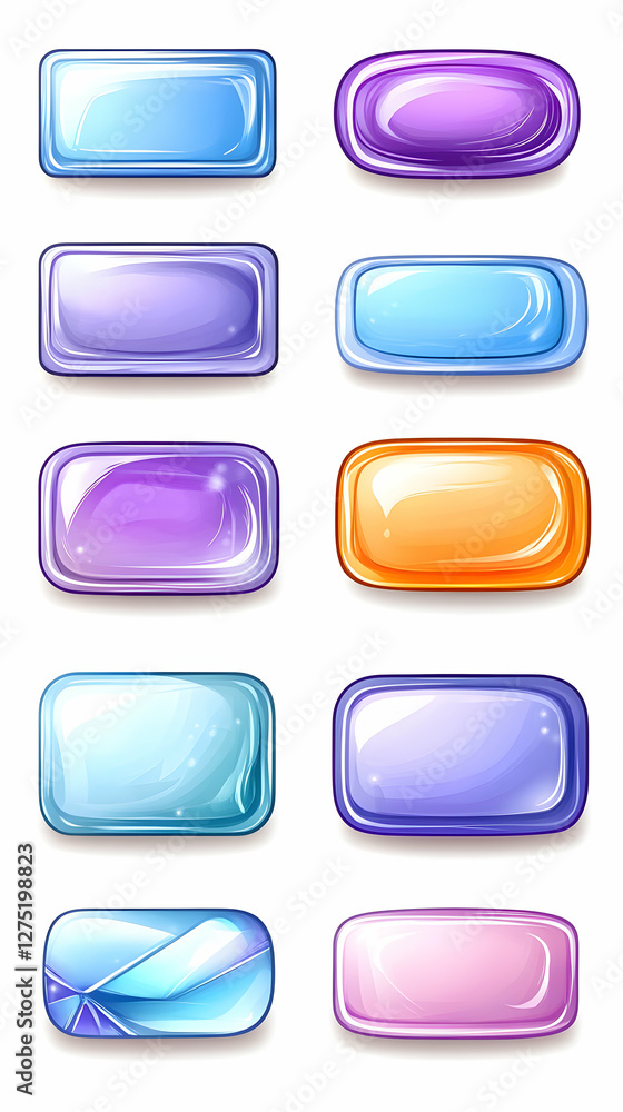 Poster colorful glossy buttons; game ui design elements; white background; app interface