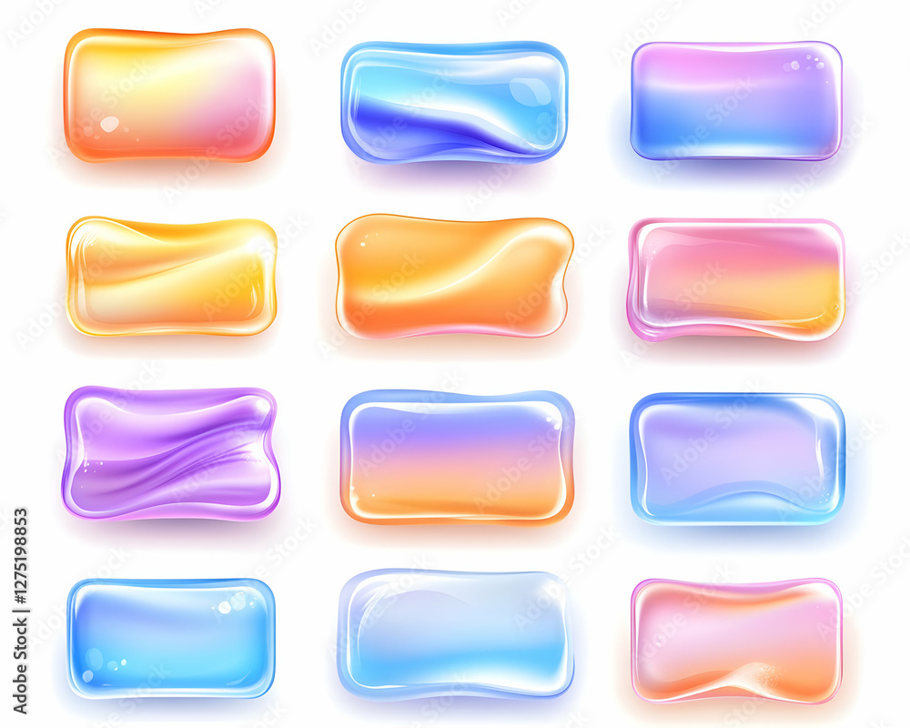 Poster colorful glossy rectangular buttons; website design elements; white background; user interface