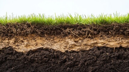 Cross-section of soil layers with grass and roots on top