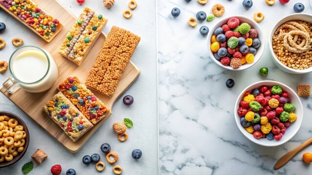 A delightful assortment of colorful breakfast bars and cereal, alongside bowls of vibrant berries and milk, arranged on a marble surface for a nutritious and appealing morning meal.