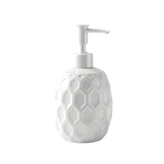 Obraz premium Elegant white ceramic soap dispenser with geometric pattern, isolated on black background, perfect for bathroom and kitchen settings